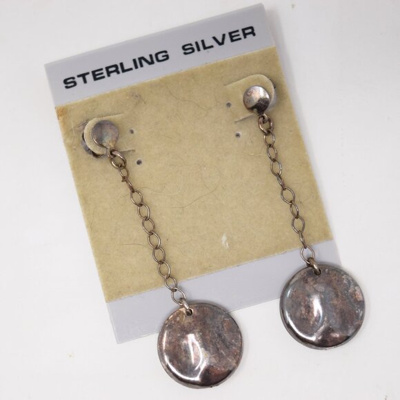 Sterling Silver Drop Earrings Pierced Round Boho Neutral Oval Dangle VTG Mom - Picture 3 of 13